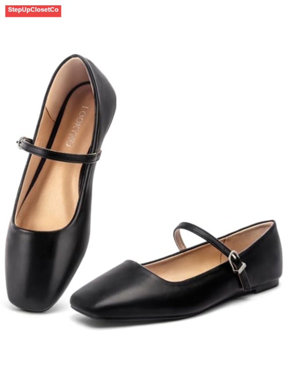 Womens Mary Jane Flats Closed Toe Buckle Strap Square Toe Ballet Flats